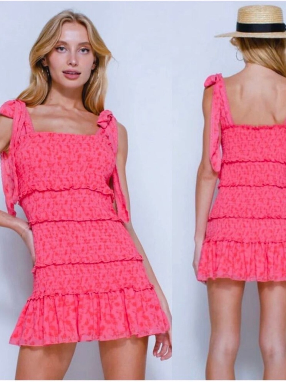 L.I.A Love Is All Pink Smocked Ruffled Mini Dress with Tie Straps